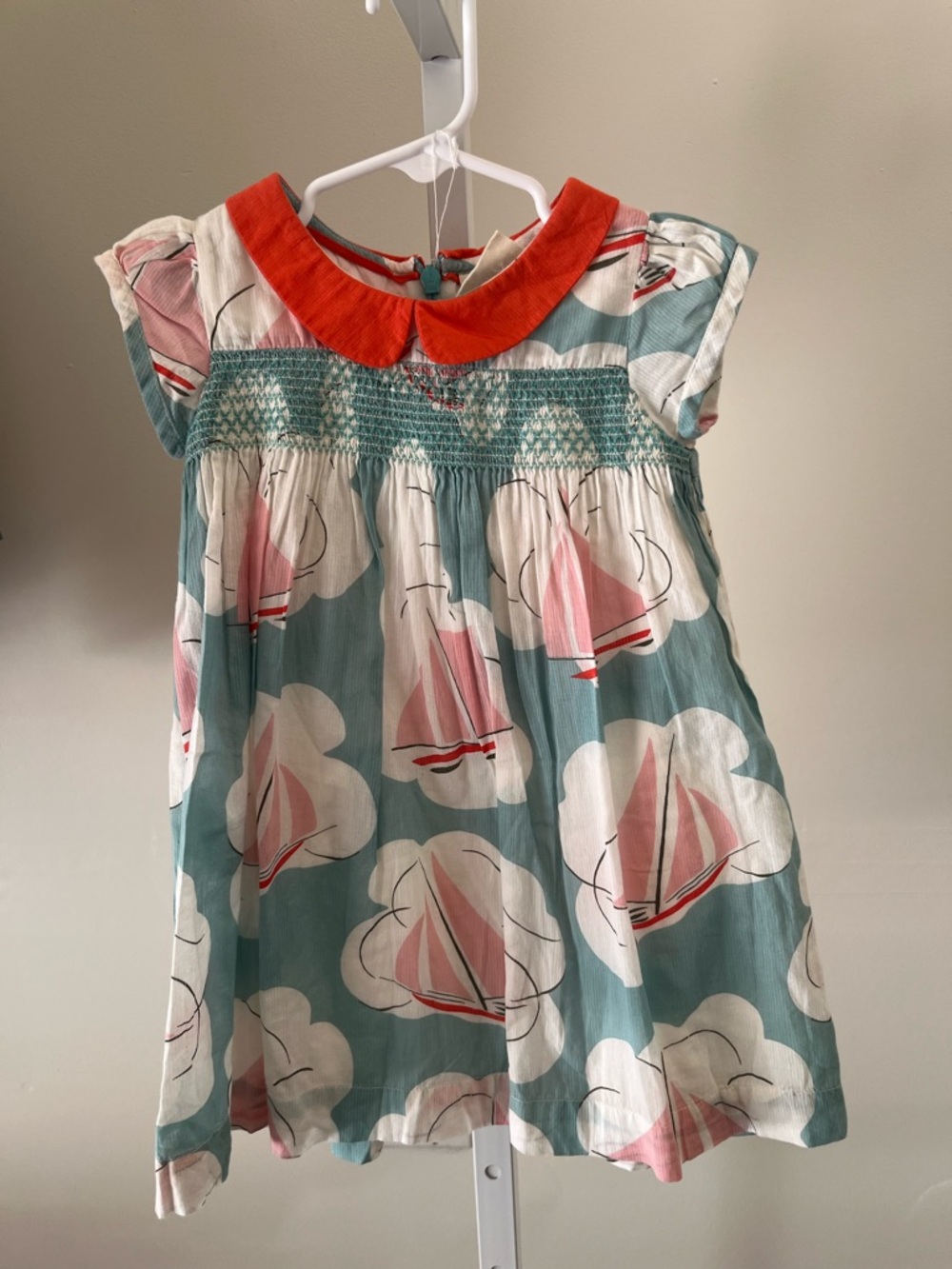 Mini Boden Teal Sailboat Print Dress with Coral Collar 18m-2t